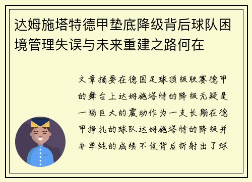 达姆施塔特德甲垫底降级背后球队困境管理失误与未来重建之路何在
