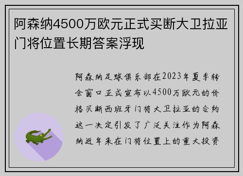 阿森纳4500万欧元正式买断大卫拉亚门将位置长期答案浮现