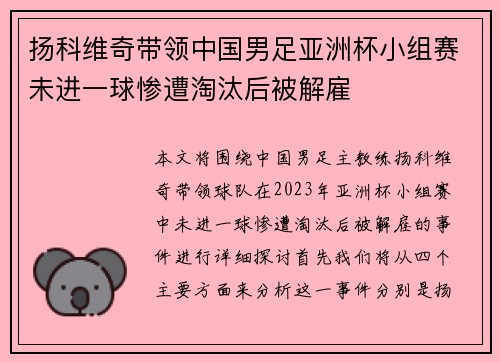 扬科维奇带领中国男足亚洲杯小组赛未进一球惨遭淘汰后被解雇